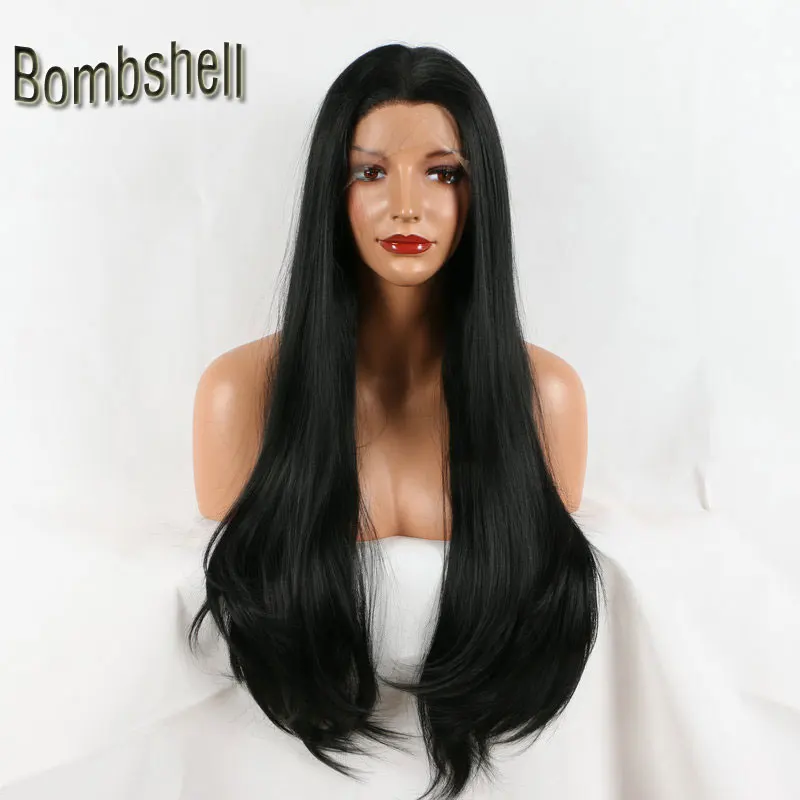 

Bombshell 180% Density 22-26 Inch Long Silky Straight Black Synthetic Lace Front Wig Glueless Heat Resistant Fiber For Women