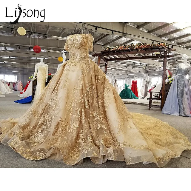 Dubai Luxury Golden Wedding Dresses With Overskirt Crystal Beaded Dubai Luxury Golden Wedding Dresses With Overskirt Crystal Beaded Lace Bridal Gowns Saudi Arabic Half Sleeves