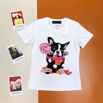 

2019 summer new style women's round collar set with diamond cartoon cute puppy pattern cotton T-shirt
