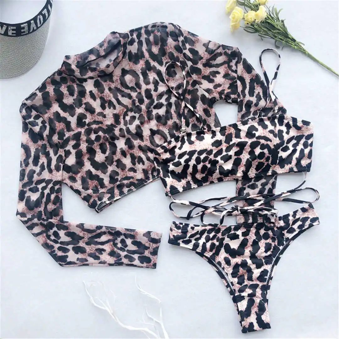 Sexy Leopard Bikini Long Sleeve Swimsuit Female Women Swimwear Three-pieces Bikini set Bather Bathing Suit Swim Wear V1583