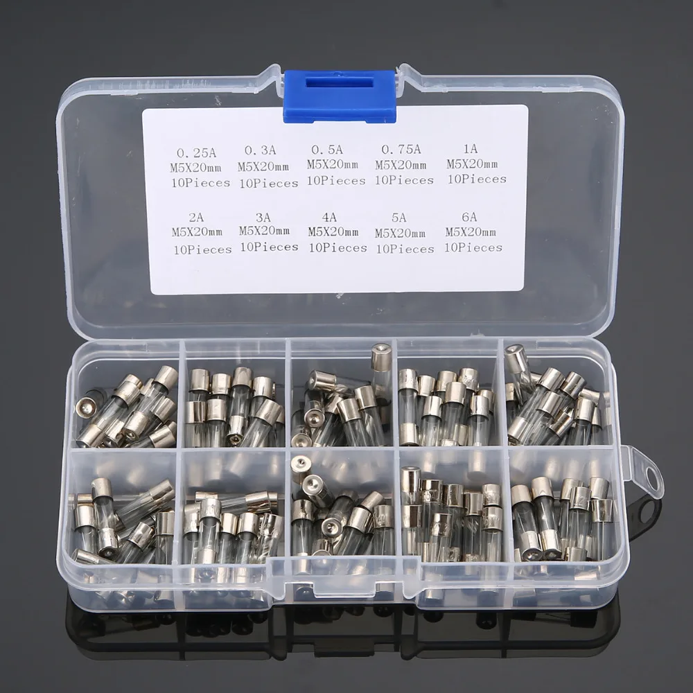 

100pcs/set Glass Tube Fuses Set 5x20mm Assorted Quick Blow Glass Tube Fuse Set 0.25/0.3/0.5/0.75/1/2/3/4/5/6A
