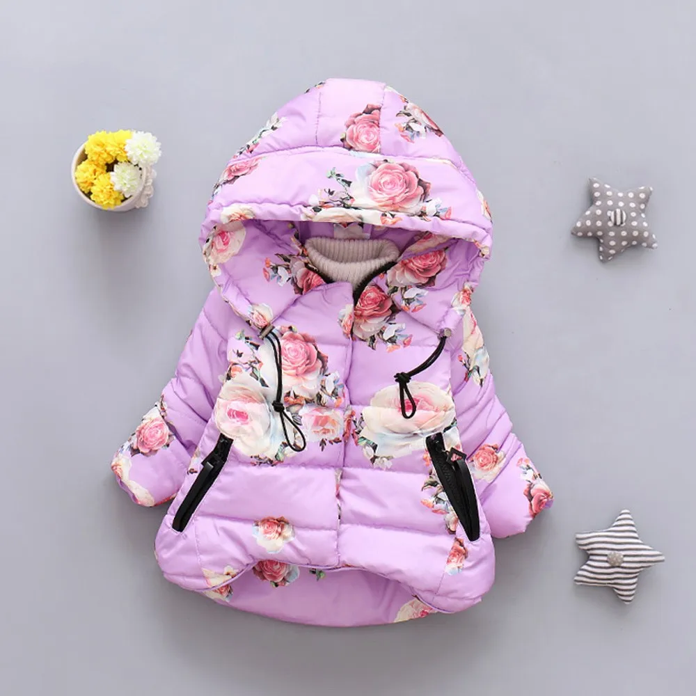 Зимняя одежда для маленьких девочек; Модный ветрозащитный зимний комбинезон с капюшоном и цветочным принтом для новорожденных; зимнее пальто для маленьких девочек; зимняя одежда