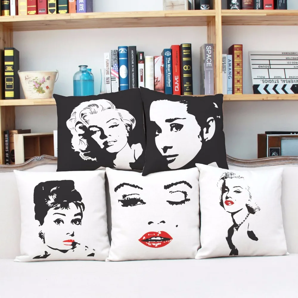 Retro Sexy Cartoon Audrey Hepburn Marilyn Monroe Cover Throw Cotton Linen Pillow Case Home