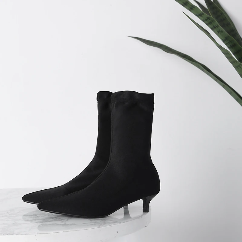 Zapatos Diseñador Bajo Corto Delgado Marca Botas on Otoño Black Tejido Tobillo Estrecha Elástico Negro Punta Tacón Señoras Slip Venta Elegantes Mujeres fwUCqP4w