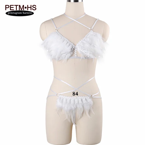 Женские Модные топы с перьями Bralette набор красное эластичное Сетчатое нижнее белье для бондажа BurningMan Сексуальная экзотическая Одежда Клубная танцевальная одежда для вечеринки - Цвет: Style O0599 L0037
