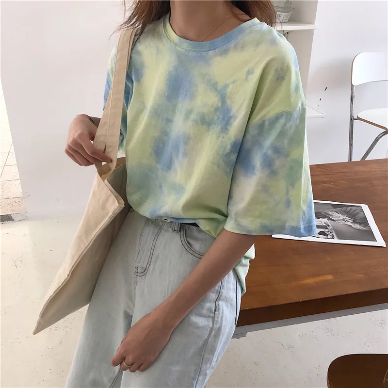 CBAFU tie dye футболка женская летняя топ Корейская одежда Повседневная Свободная футболка femme ulzang топы с принтом Лоскутная футболка D559 - Цвет: picture color