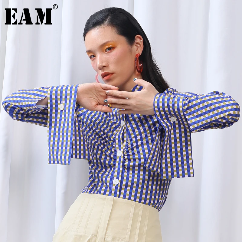 

[EAM] 2019 New Autumn Winter Lapel Long Sleeve Bluep Plaid Printed Fold Pleated Temperament Shirt Women Blouse Fashion JU526