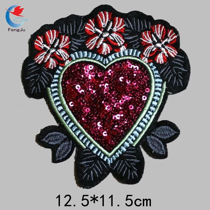 

FengJu Colourful Heart Patches For Clothes Iron On Sequin Applique Badge Sticker Applications Motif Embroidery Accessories 2pcs