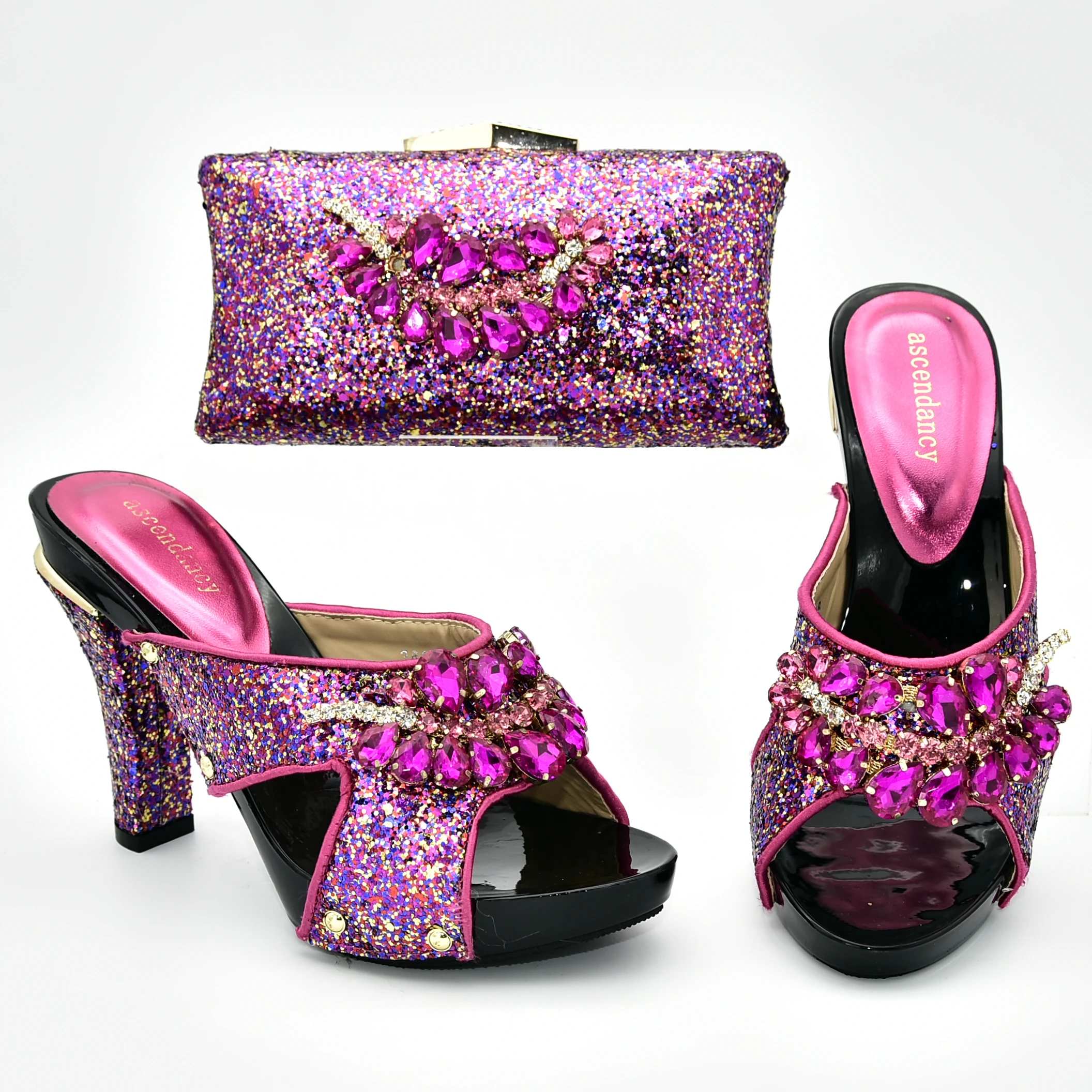 

Many rhinestones italian shoes and bag matching set in fushia pink color 4 inches slippers women shoes and clutches bag SB8394-2
