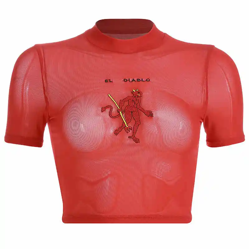 Weekeep, укороченный сетчатый топ с круглым вырезом и коротким рукавом, женская футболка с вышивкой красного дьявола,, летняя уличная одежда, облегающий укороченный Топ для женщин - Цвет: Красный
