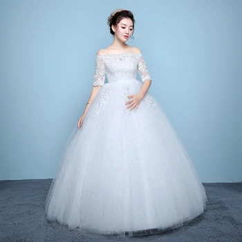 

Luxury Sweep Train Wedding Dress 2019 Half Sleeve Lace Off Shoulder Elegant Wedding Gown Vintage Bridal Dress Vestido De Noiva