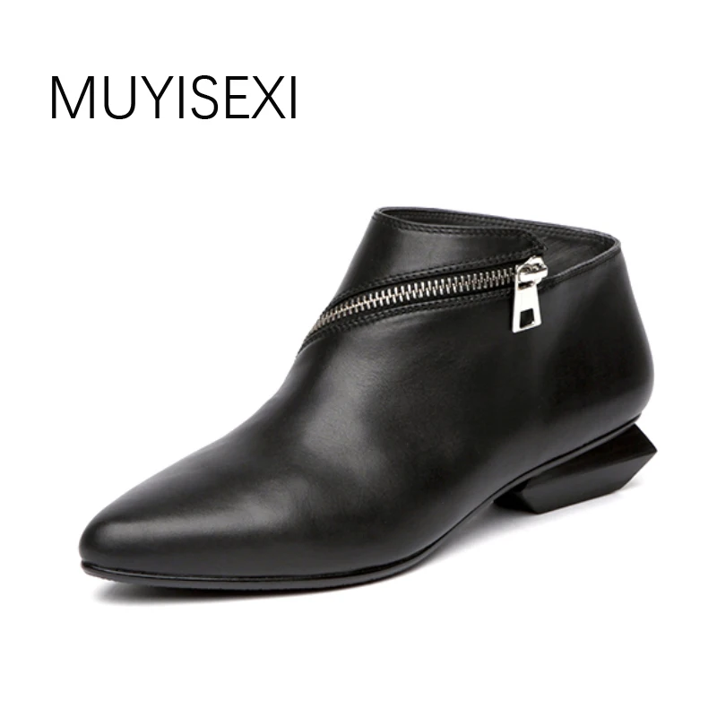 

Autumn Boots For Women Genuine Leather Pointed Toe Zip 3cm Irregular Square Heels Ankle Boots Silver Black 34-41 HL40 MUYISEXI