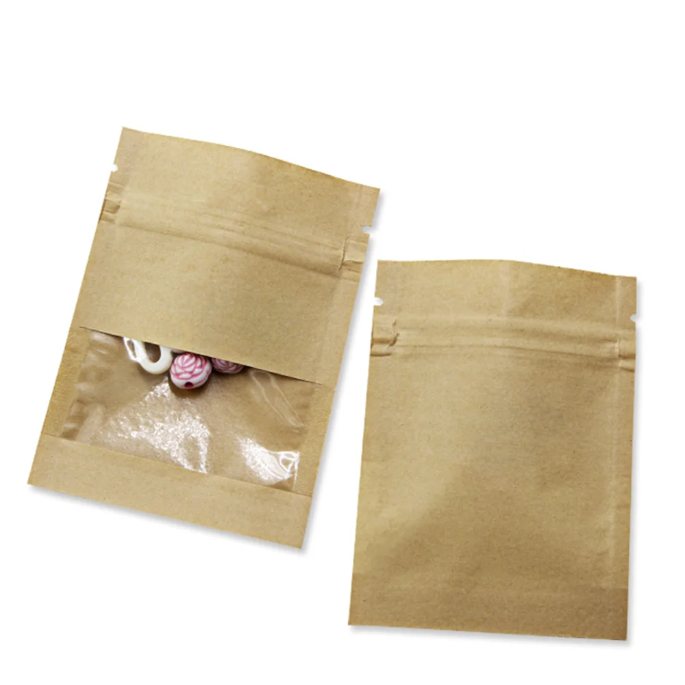 Коричневый/белый крафт-бумажный органайзер, сумка для закусок, специй, посылка, самозапечатывающаяся сумка на молнии, сумки для хранения печенья, конфет, прозрачное окно