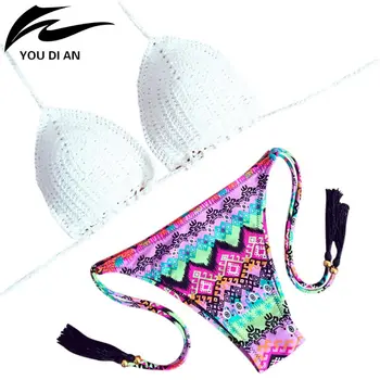 

Crochet Bikini Sets Women Pure Handmade Top Sexy Halter Swimwear Floral Print Biquini Low Waist Swimsuit