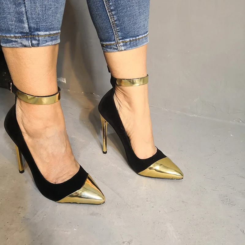 Rxemzg/черные, золотые туфли-лодочки на высоком каблуке-шпильке модные женские туфли-лодочки с острым носком и ремешком на щиколотке пикантная Свадебная обувь для вечеринок 35-47