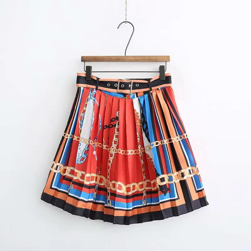Женская модная плиссированная юбка faldas mujer с цепочкой и принтом в английском стиле, женские юбки в разноцветную полоску с регулируемым поясом QUN241