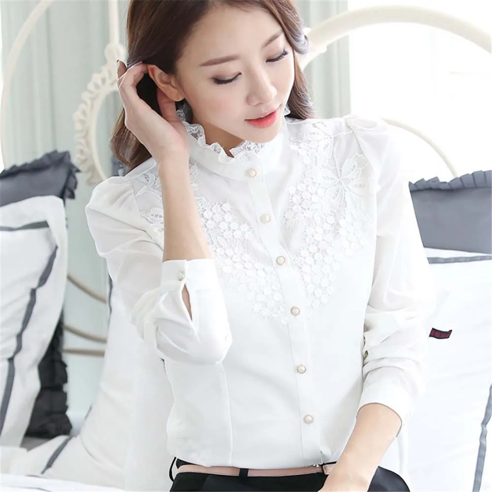 

Stand collar top women plus size shirt Embroidery lace long sleeve white blouse shirt women's casual loose blouses mujer 2019