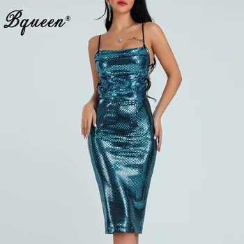 

Bqueen 2019 New Women Bandage Dress Spaghetti Strap Backless Lace Up Sequined Bling Club Bodycon Party Dresses Midi