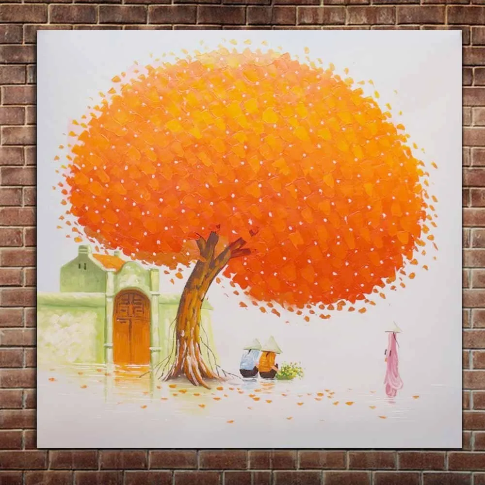 

Hand Painted Abstract Red Tree Palette Knife Oil Paintings On Canvas Red Tree Wall Picture For Children's Room Home Wall Decor