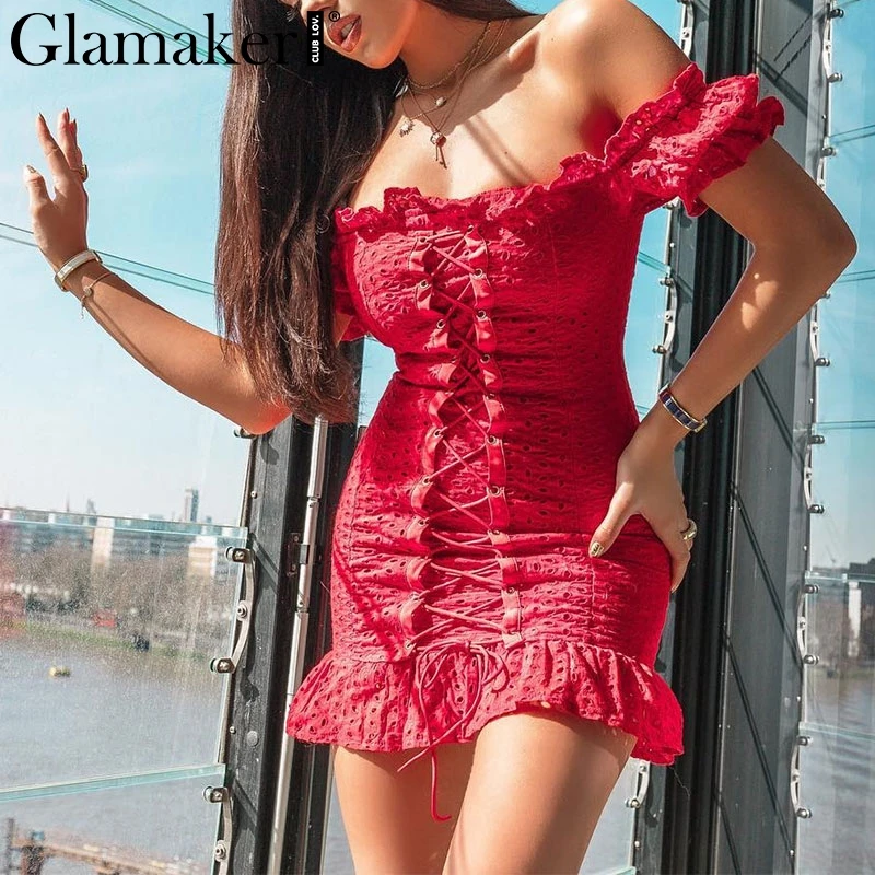 Женское короткое пляжное платье Glamaker Красное Облегающее в горошек с оборками