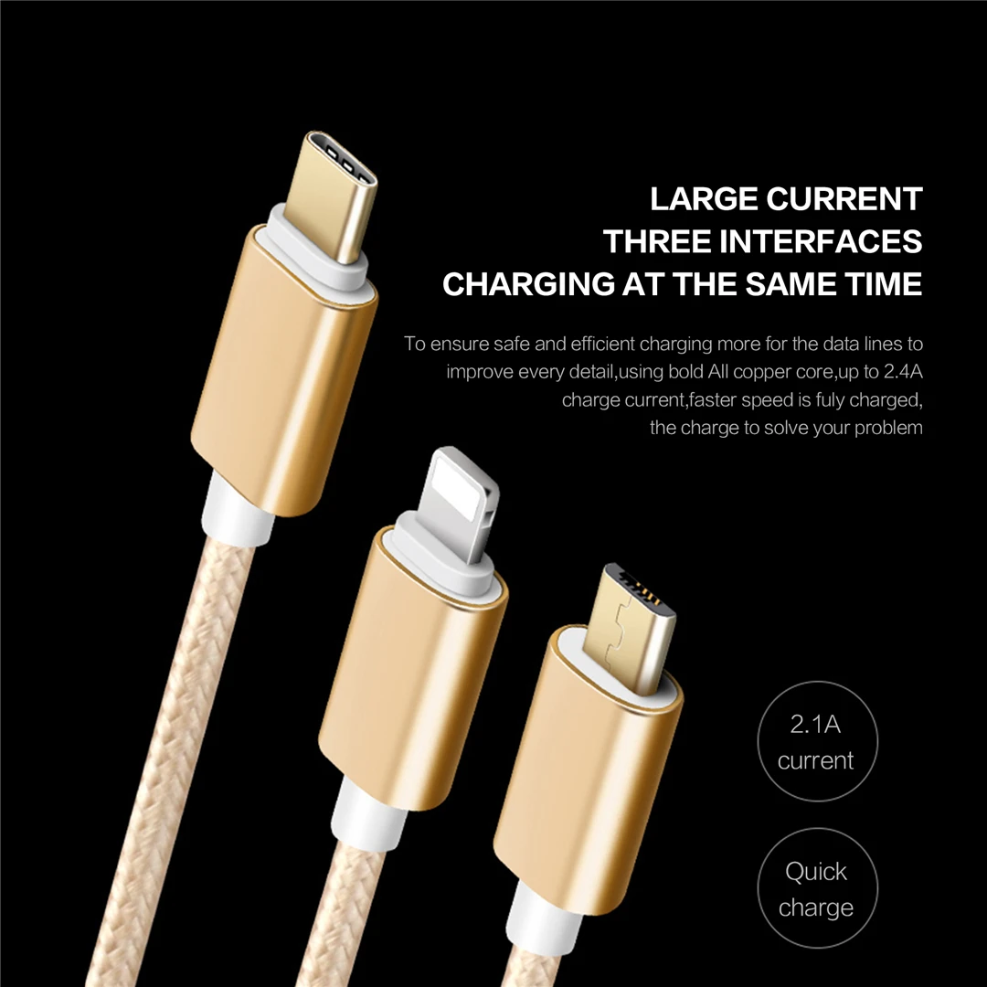 الذهب 3 في 1 كابل يو اس بي للهاتف المحمول المصغّر usb نوع C كابل الشاحن ل فون كابل شحن مايكرو شاحن يو اس بي الحبل