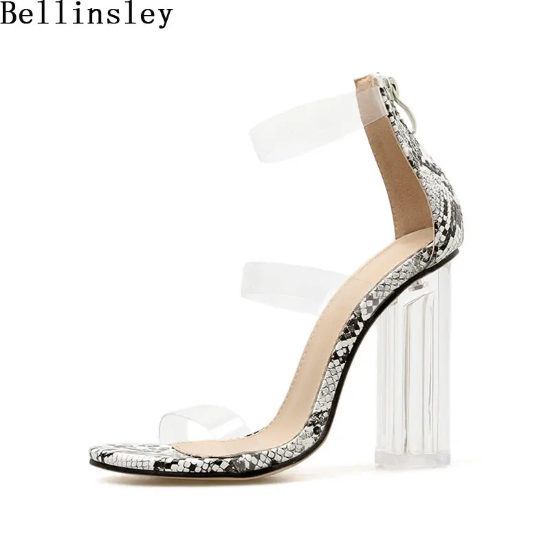 Bellinsley/Новинка года; босоножки с кристаллами из пвх; женские прозрачные босоножки на высоком каблуке с открытым носком из змеиной кожи; модные женские туфли-лодочки