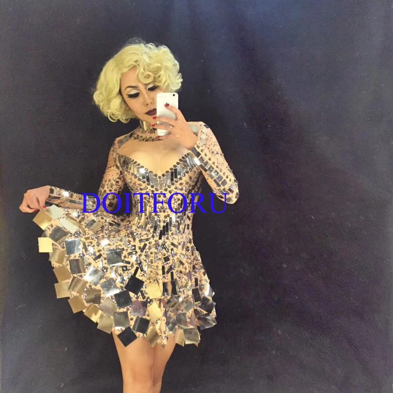 Shining Silver Mirrors Stone Dress Female Singer Dancer Bright Bodysuit Costume One-piece Nightclub Dress Oufit Party Dresses (4) copy
