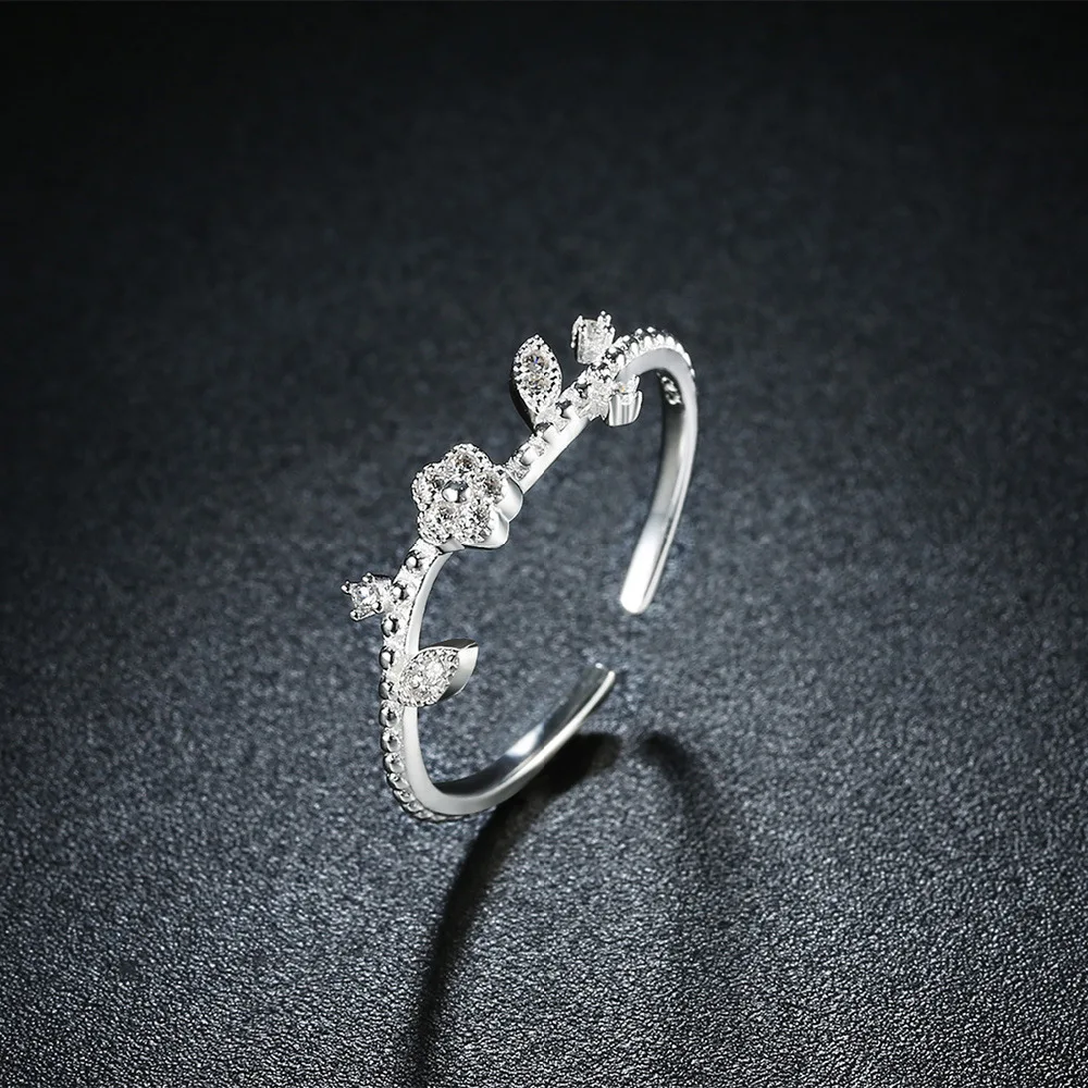 

Simple Design 100% 925 Sterling Silver Jewelry Plum Blossom Open Ring Inlay Crystal Wedding Engagement Rings for Women Charm