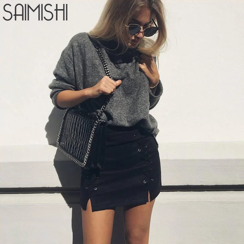 

Fashion Womens Autumn Lace-up Leather Suede Pencil Skirt Winter Cross High Waist Mini Skirt Zipper Split Bodycon Short Skirts