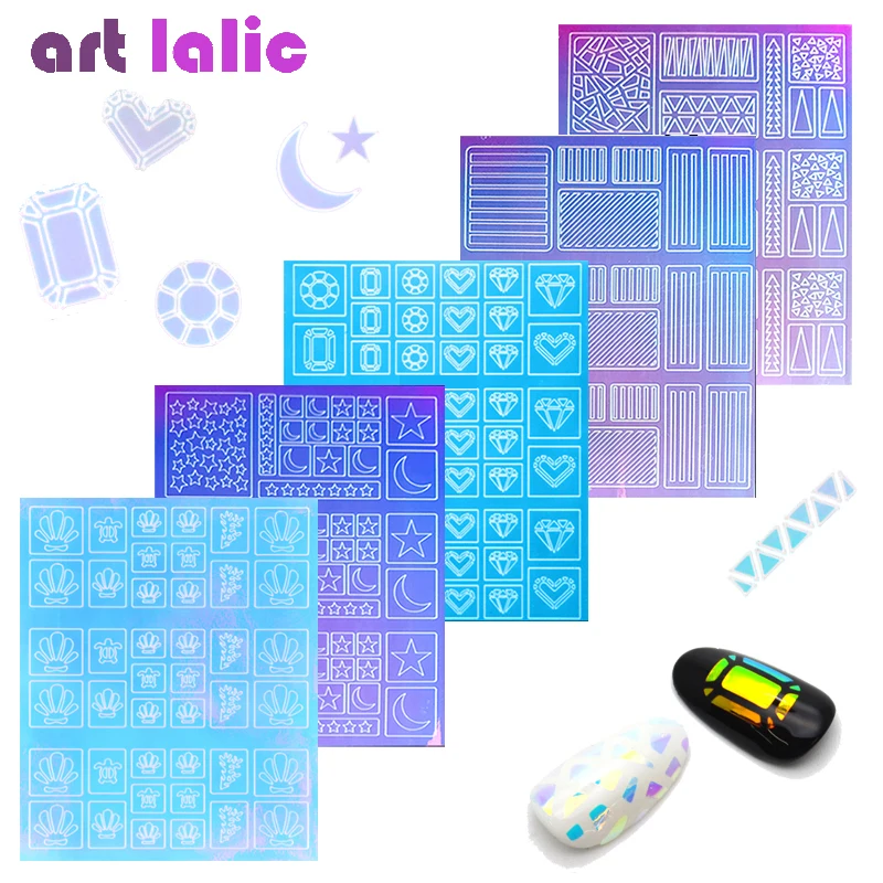 

2-Way Nail Art Hollow Laser Sticker Stencil Gel Polish Nail Vinyl Tip Transfer Guide Template Nail Decals Candy Color Stickers
