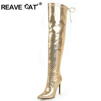 

REAVE CAT Shoes women Over the knee boots Thigh high boots Pointed toe Thin heel shoes Lace up Botas feminino mujer Bottes A1410