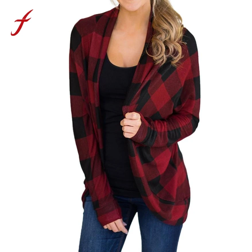feitong Fashion Women Casual Plaid Coat Ladies Long Sleeve