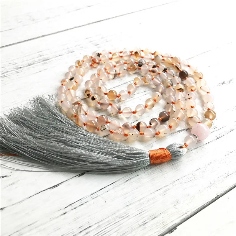 

Natural Wind Shadow Agates 108 Mala Beads Necklace Tassel Meditation Jewelry Hand Knotted Necklace Yoga Jewelry Energy Crystal