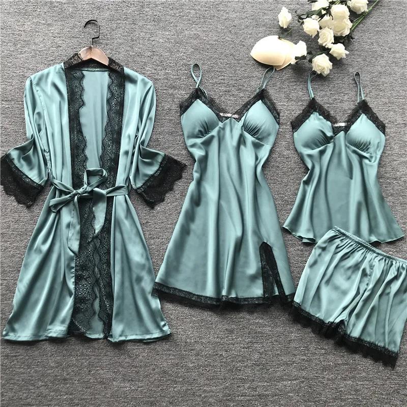 Meilleur 2019 femmes pyjamas ensembles Satin vêtements de nuit en soie 4 pièces pyjamas Spaghetti sangle dentelle sommeil salon Pijama avec coussinets de poitrine