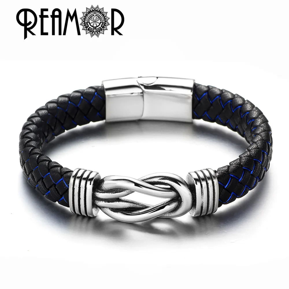 REAMOR роскошные мужские шелковые плетеные браслеты из натуральной кожи мужские ювелирные изделия 316L браслет женские браслеты с узлом из нержавеющей стали - Окраска металла: blue silk