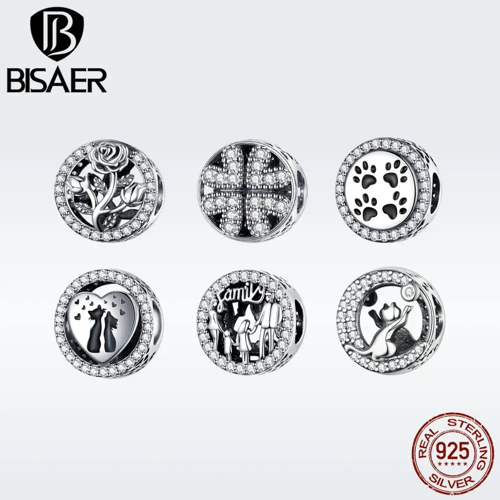 

BISAER New 925 Sterling Silver Best Family Childhood Love Lucky Four leaf Cute Footprint Charms Beads DIY Jewelry Making GXC1184