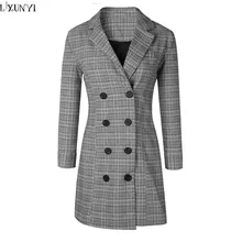 LXUNYI двубортный блейзер для женщин Новое поступление Весна Корейский Винтаж плед формальный тонкий длинный бейзер кофта жакет костюм платье