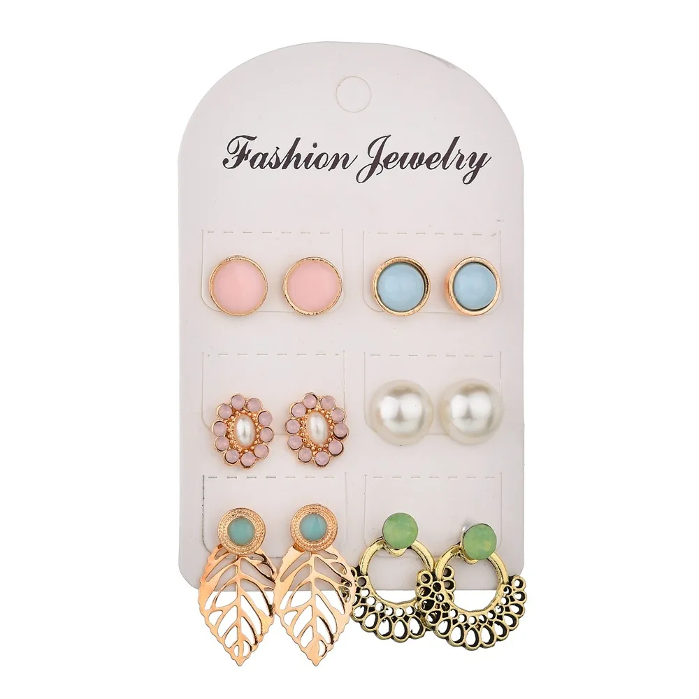 

6 pairs/set 2019 NEW romantic candy color stone crystal flower leaf cute pearl small Stud Earring Set Women jewelry