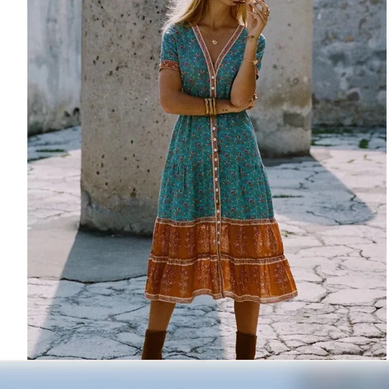 Fashion New Dress Womens Boho Floral Deep V-Neck Short Sleeve Long Evening Party Casual Loose Beach Sundress | Женская одежда