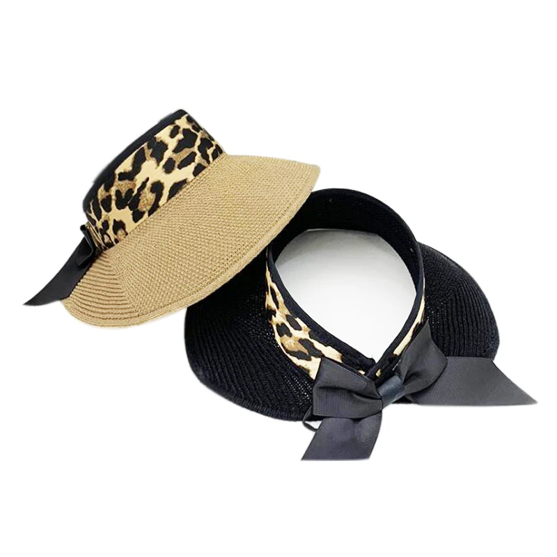 

Summer New Style Straw Empty Top Hat Leopard Bow Ribbon Sun Hat Folding Hat Travel Straw Beach Sun Hat
