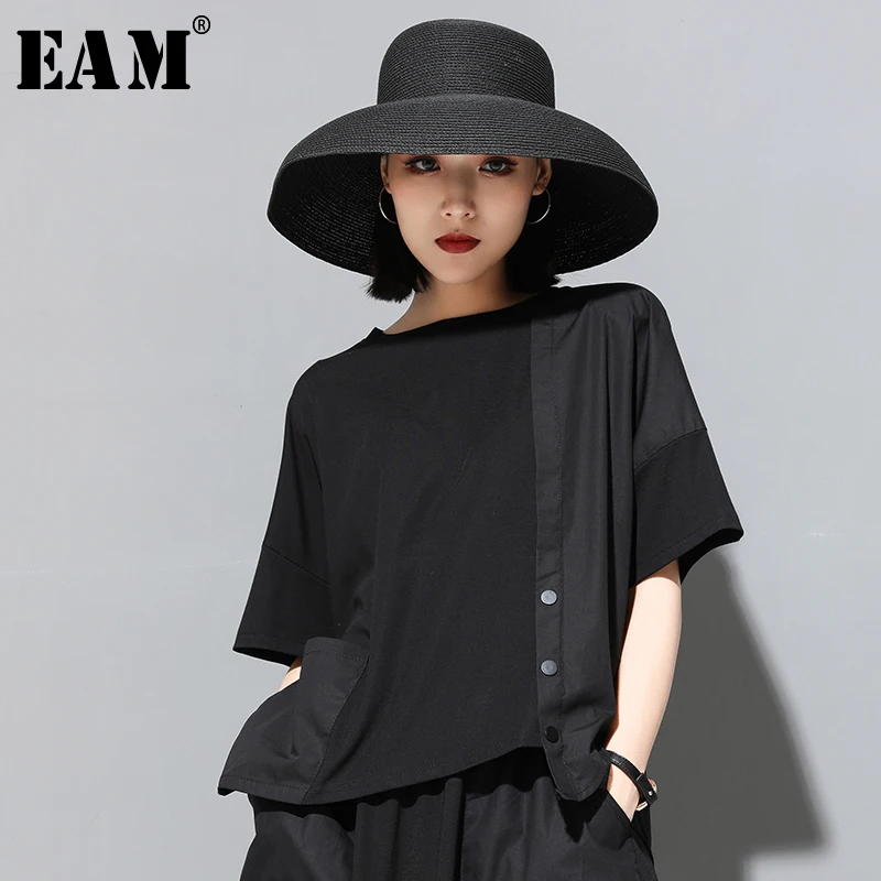 

[EAM] 2019 New Spring Summer Round Neck Half Sleeve Black Button Split Joint Loose Big Size T-shirt Women Fashion Tide JX500