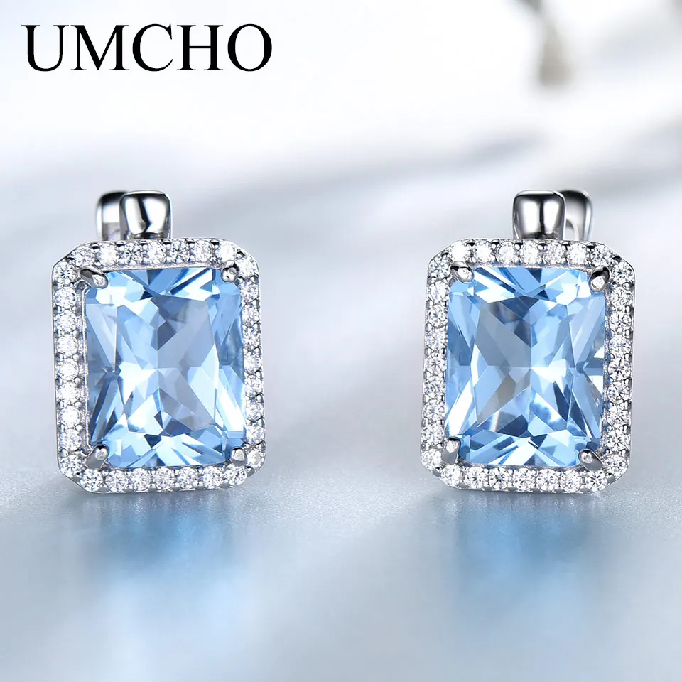 Серьги-клипсы UMCHO с небесно-голубым топазом Ювелирное Украшение из серебра 925