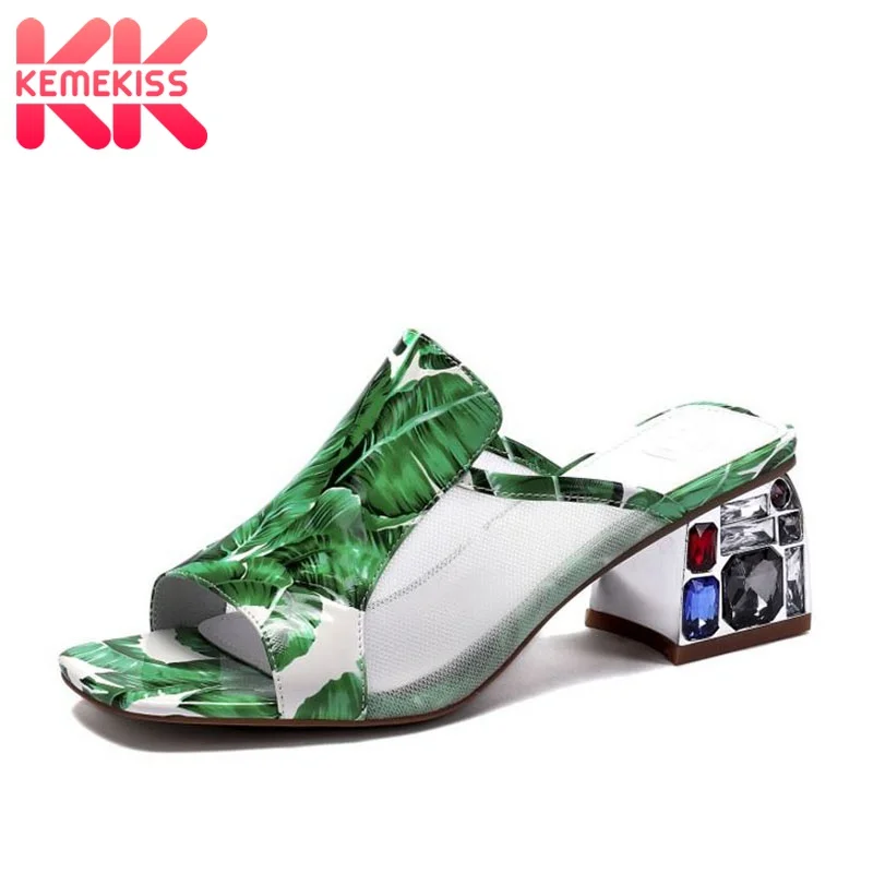

KemeKiss Women Real Leather Sandals Fashion Print Slippers Stylish Mesh Sweet Crystal Daily Outdoor Mujer Footwear Size 34-42