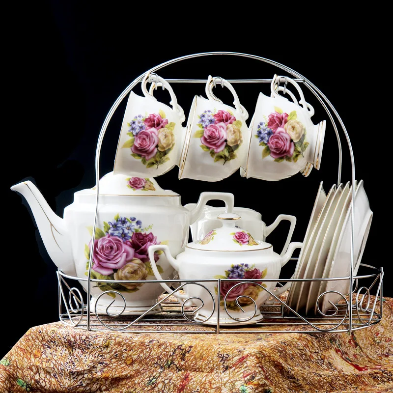 Прямая, 15 шт., костяной фарфор в европейском стиле, кофейный набор, послеобеденный чай, кофейник, чашки, набор блюдец, высококачественная керамическая чайная посуда