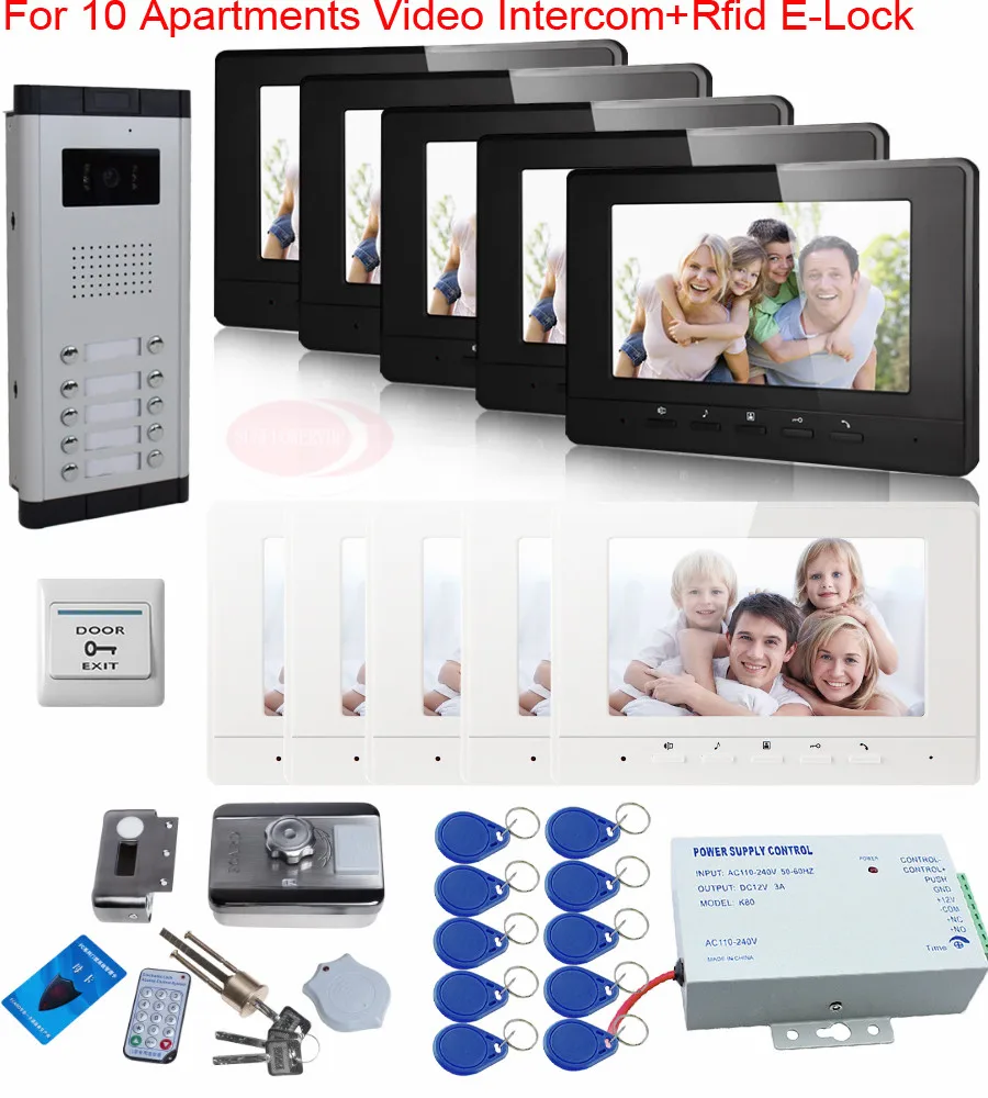 cheap Newest Video Door Phone With Video Intercom For 10 Apartments+Rfid Electric Lock+7inch Tft Color LCD+Access Control Power Supply