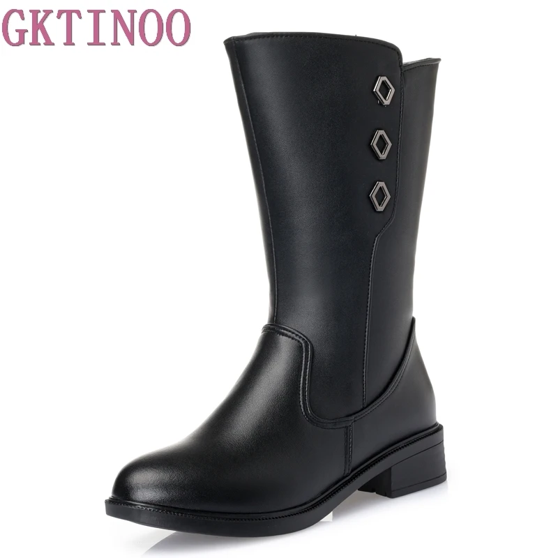 

Women's Winter Shoes Mid-Calf Boots Plus Big Size35-43 Square Heels Soft Genuine Leather Shoes Warm Wool&Fur Women Winter Boots