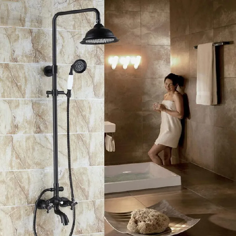 

Black Oil Rubbed Brass Dual Cross Handles Bathroom Rainfall Rain Shower Head Faucet Set Bathtub Mixer Tap Wall Mounted mrs451