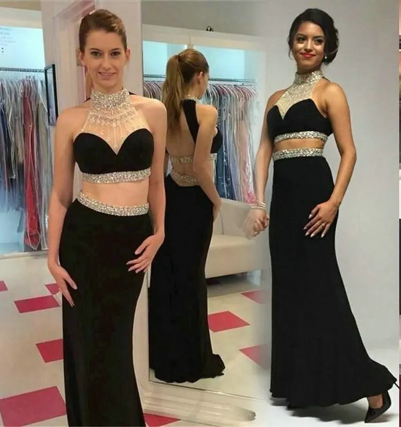 Сексуальное черное длинное платье русалки из двух частей для выпускного вечера элегантное вечернее платье с высоким воротом и открытой спиной Вечерние платья для свиданий