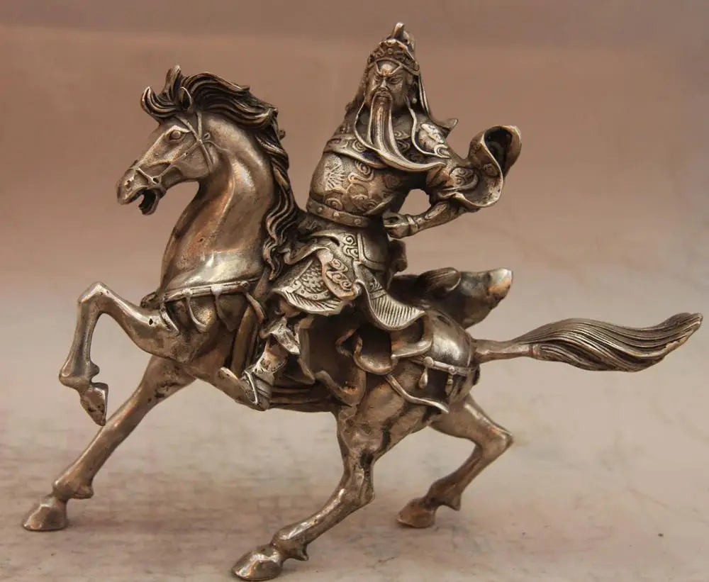 

China White Copper Silver Warrior Guan Gong Guan Yu Ride Horse Buddha Statue SD 506