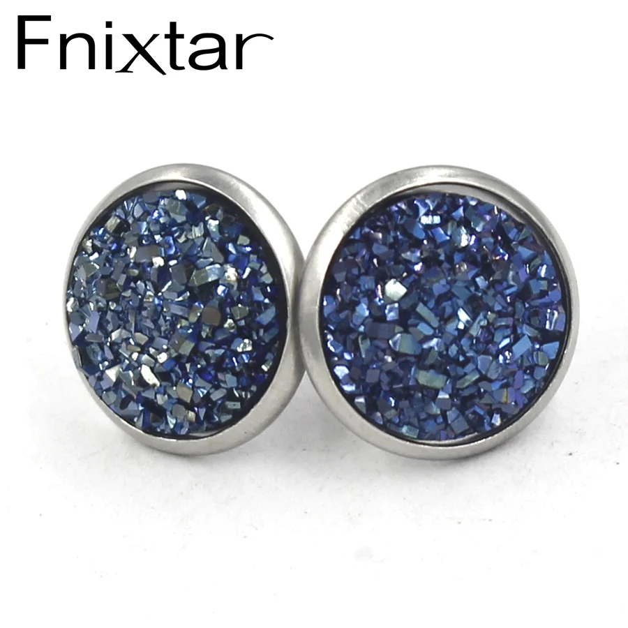 

Fnixtar 5pair/lot 12mm Stainless Steel Druzy /Drusy Resin Cabochon Bright Stud Earrings For Women Birthday Gift